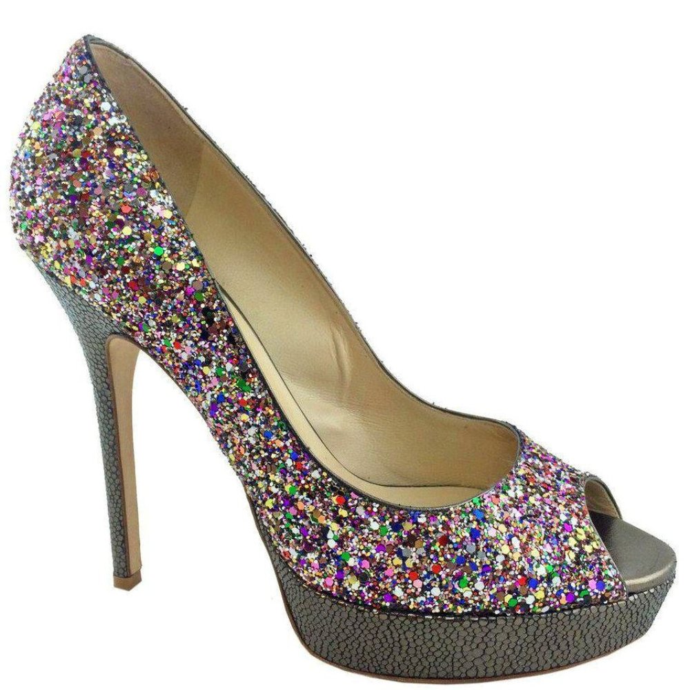 Jimmy Choo Multicolor Glitter Crown Peep Toe Heels